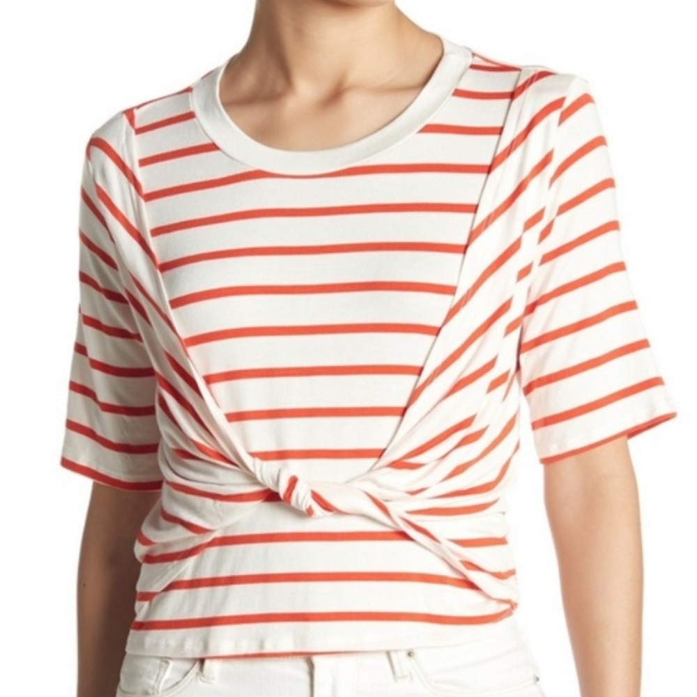 Abound White and Coral Striped Short Sleeve Knot Tee